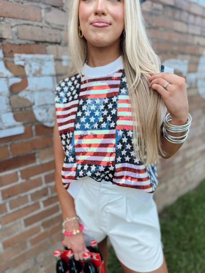 Queen of Sparkles Full Sequin Stars & Stripes Sweater Vest