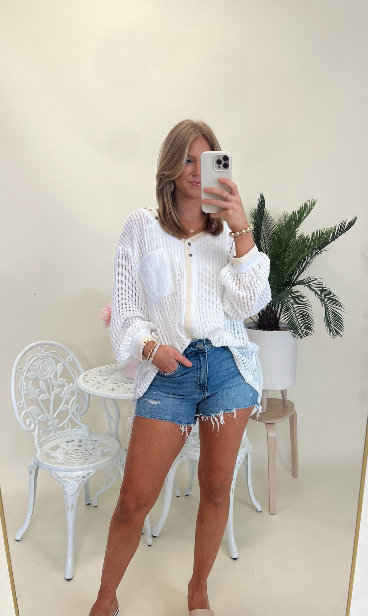 Off White Crochet V-Neck Long Sleeve Button Top