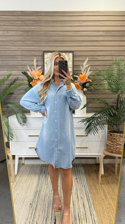 Washed Denim Button Down Long Sleeve Shirt Dress