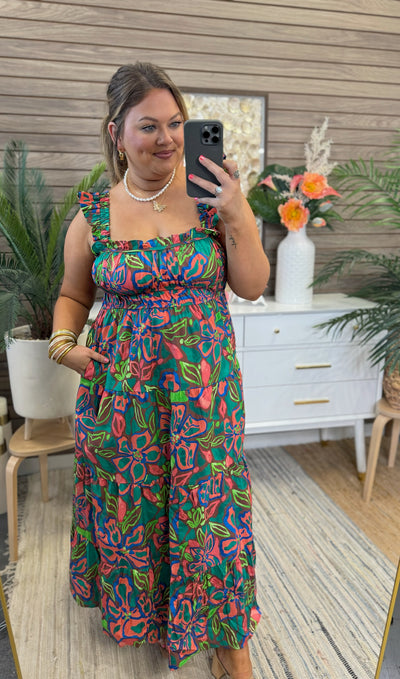 Green Multi Floral Pleated Detail Midi Dress