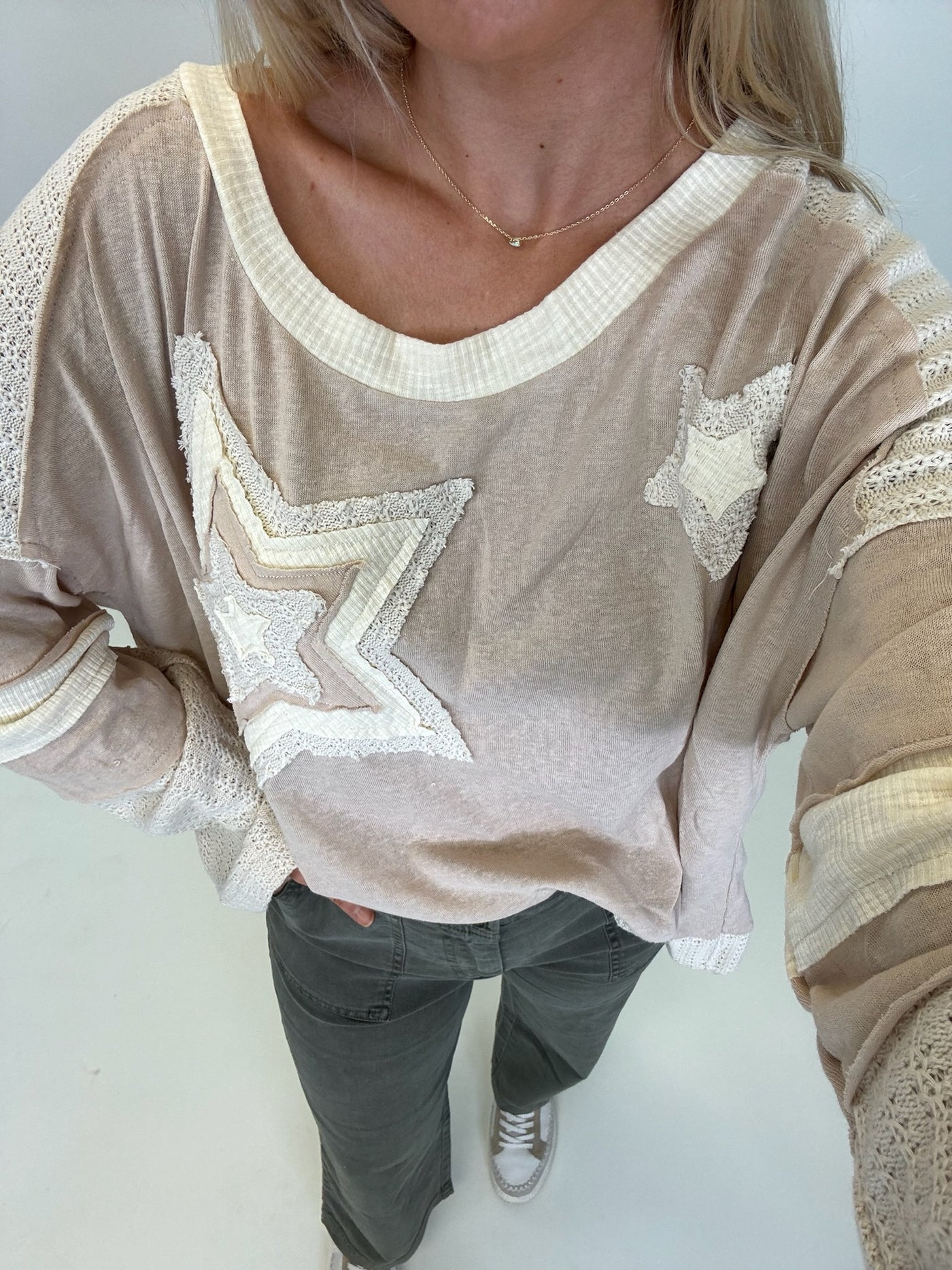 Beige Multi Star Patch Long Sleeve Top