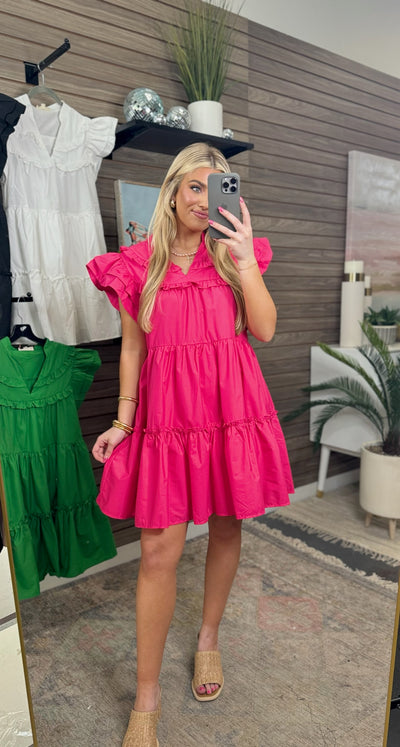 Magenta Poplin Ruffle Tiered Mini Dress