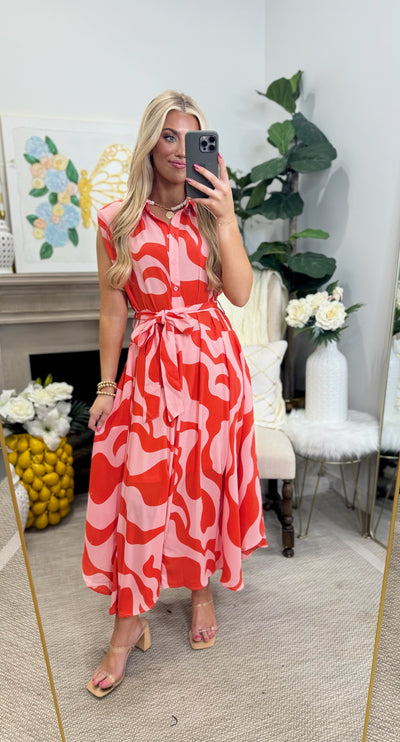 Red Sleeveless Shoulder Pad Midi Dress