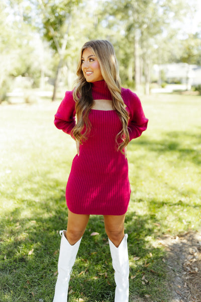 Tango Red Ribbed Cutout Turtleneck Sweater Dress