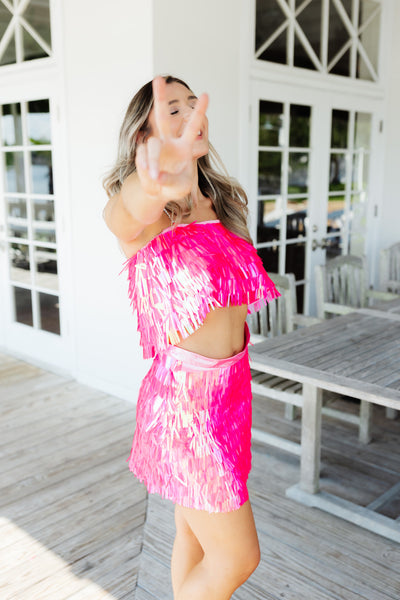 Queen of Sparkles Neon Pink Sequin Skirt and Tank Set