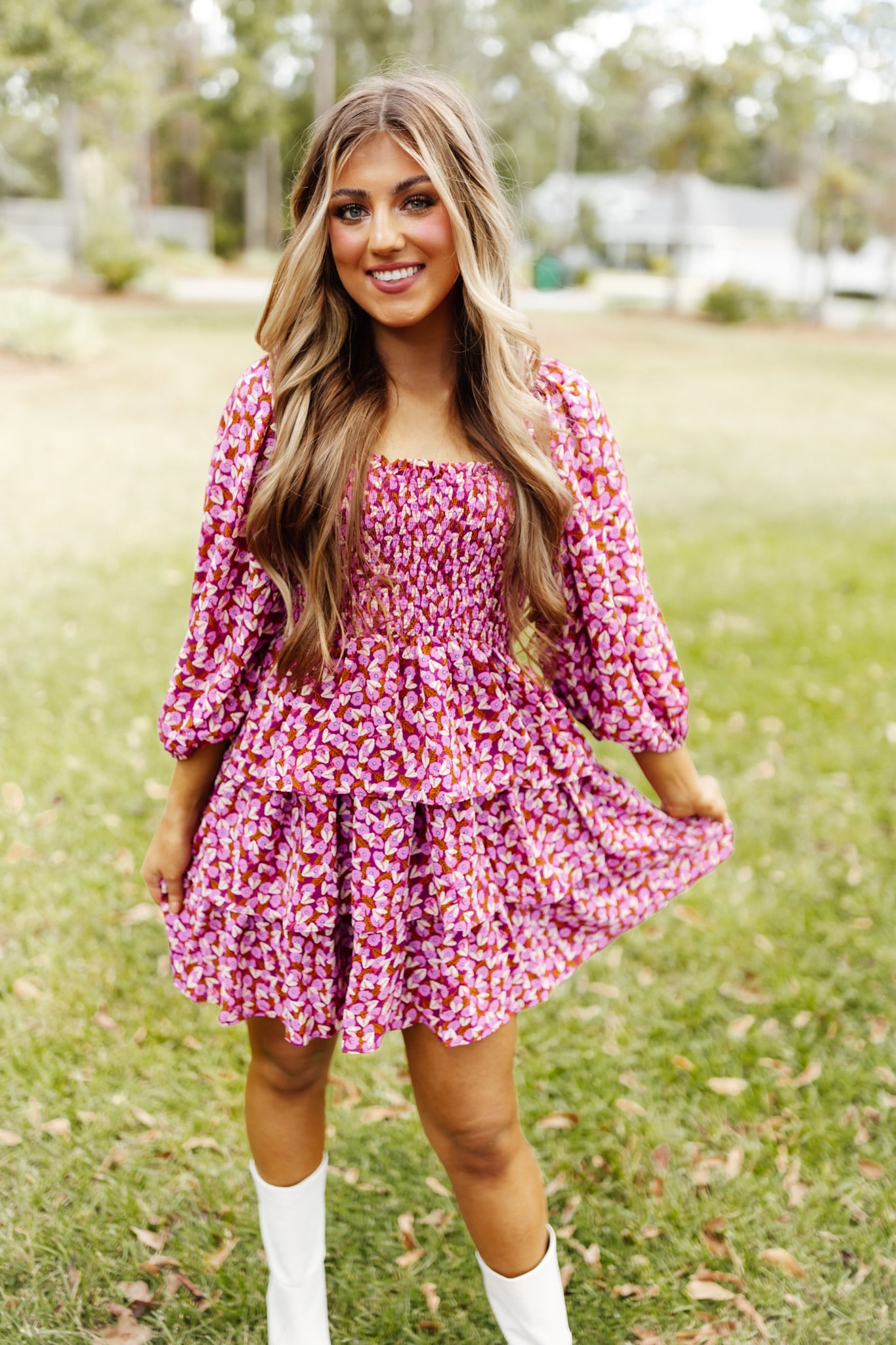 Orchid Floral Smocked Ruffle Long Sleeve Dress