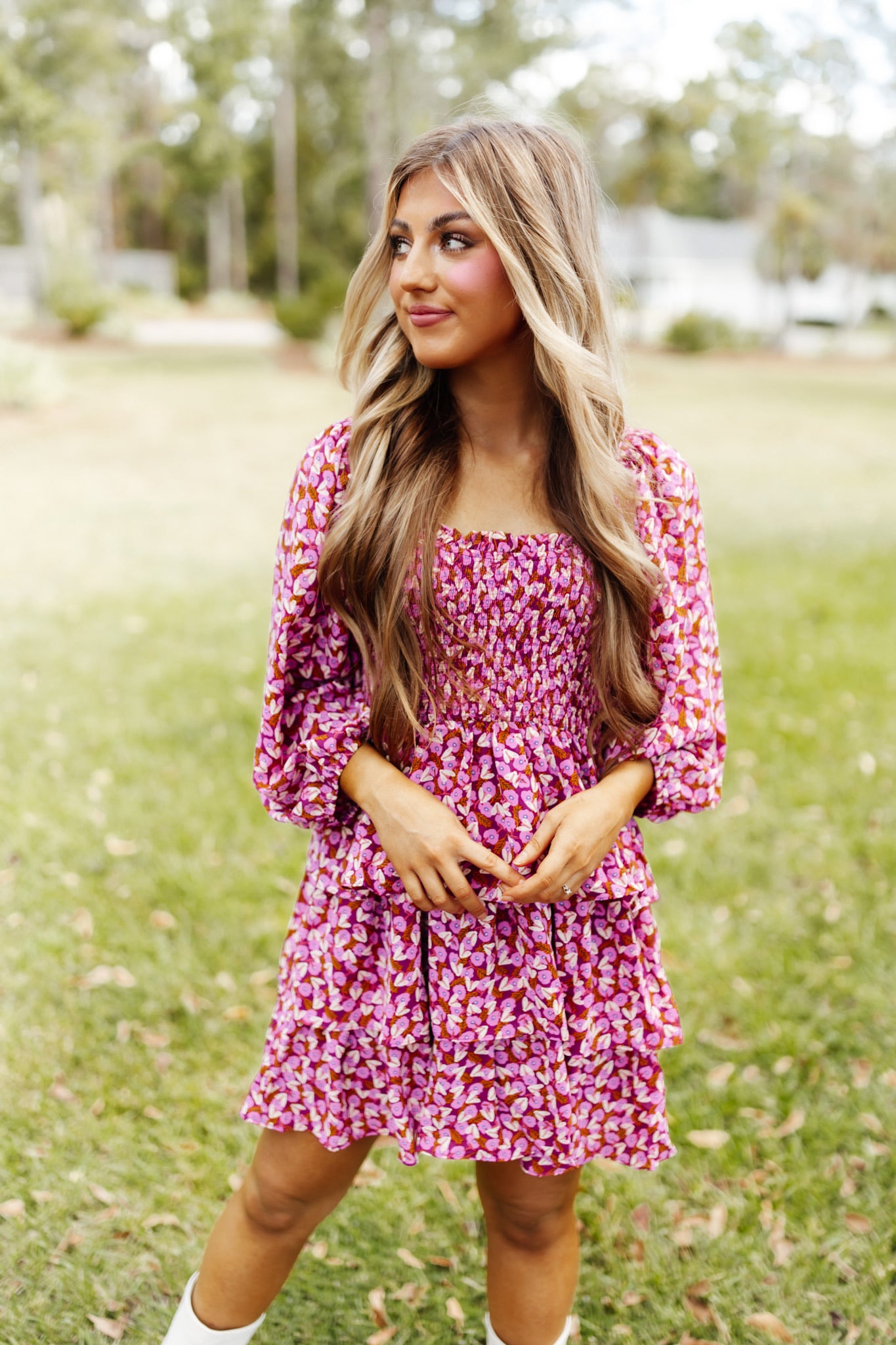 Orchid Floral Smocked Ruffle Long Sleeve Dress