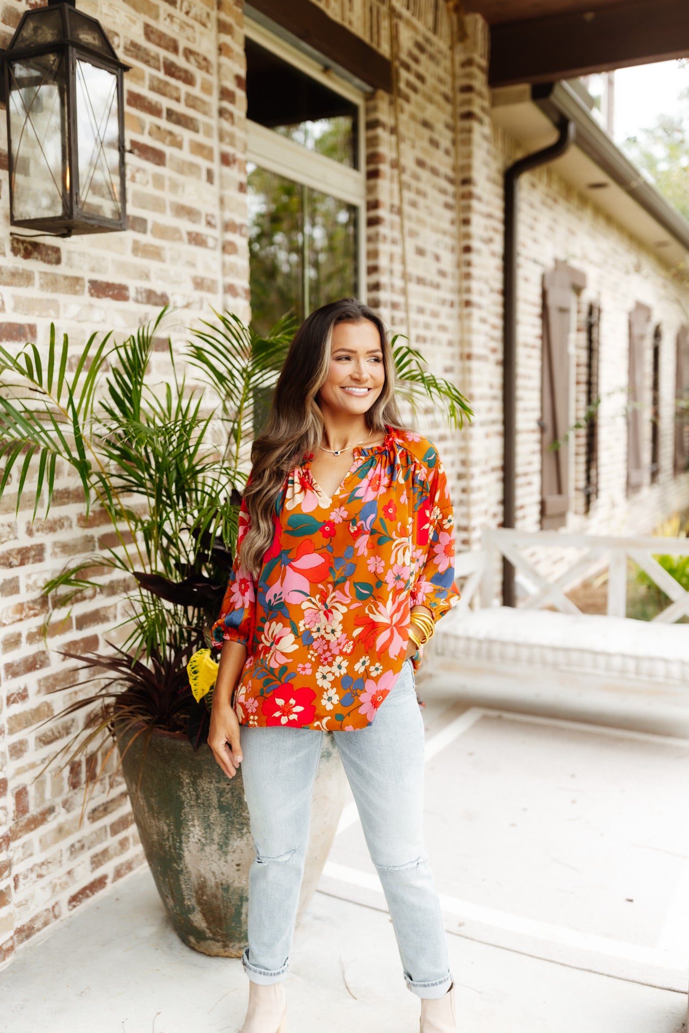 Camel Satin Floral Ruffle V-Neck Long Sleeve Blouse