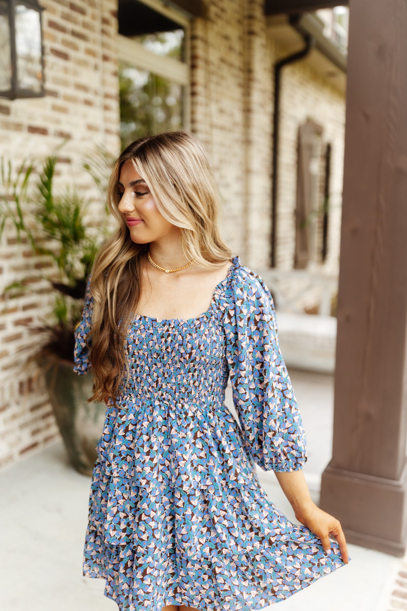 Blue Floral Smocked Ruffle Long Sleeve Dress