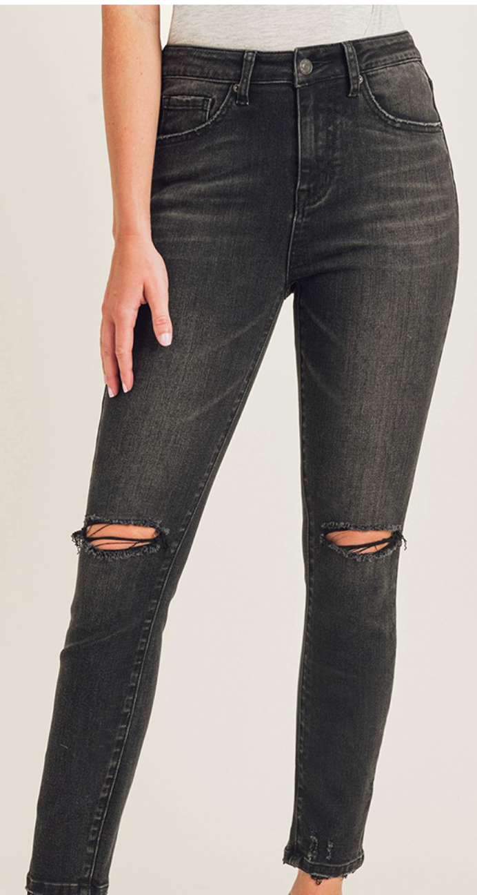 Risen Black Washed High Rise Knee Distressed Skinny