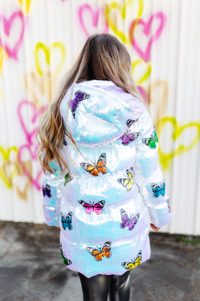 Queen Of Sparkles White Oversized Sequin Butterfly Puffer