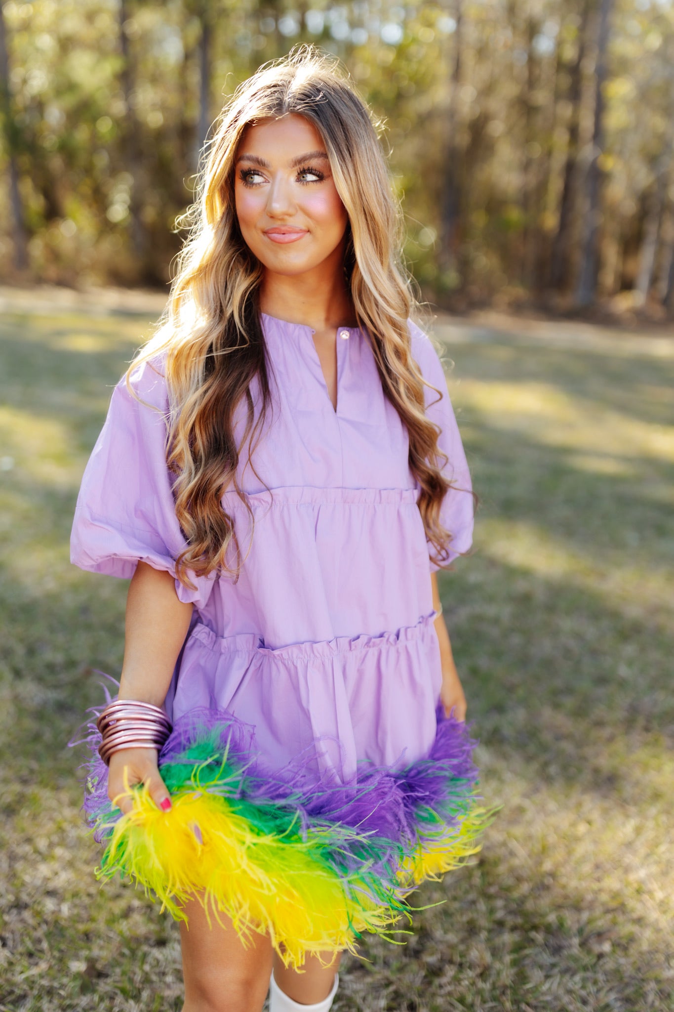 Queen of Sparkles Lavender Mardi Gras Feather Bottom Dress