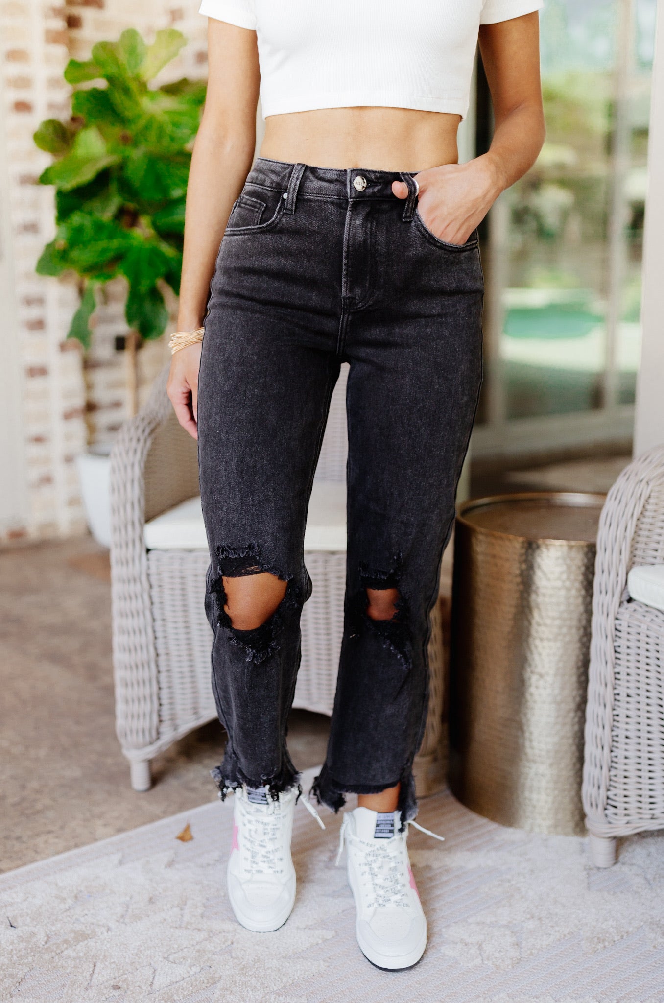 Risen Black High Rise Crop Distressed Jeans