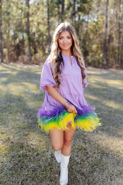 Queen of Sparkles Lavender Mardi Gras Feather Bottom Dress