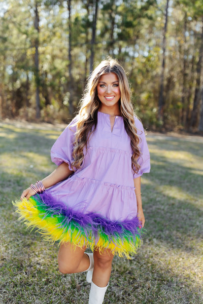 Queen of Sparkles Lavender Mardi Gras Feather Bottom Dress