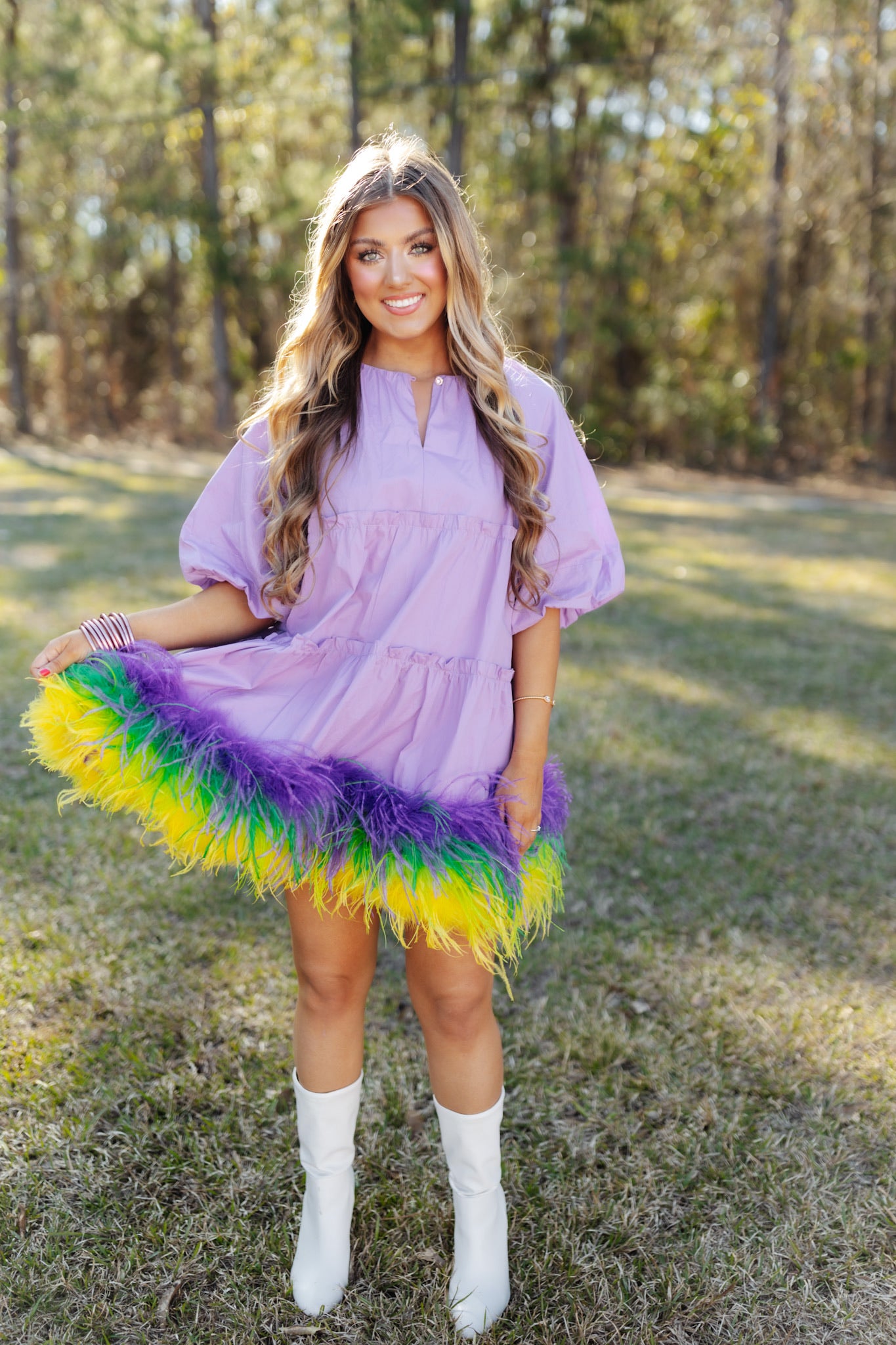 Queen of Sparkles Lavender Mardi Gras Feather Bottom Dress