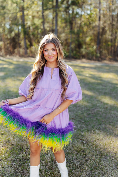 Queen of Sparkles Lavender Mardi Gras Feather Bottom Dress