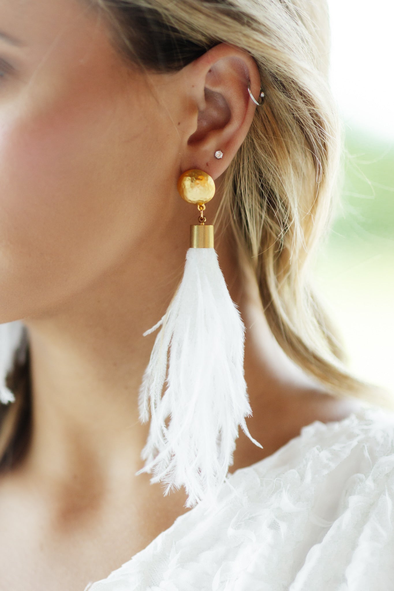 Virtue Jewelry Hammered Dome Post With Feather Drop Earrings