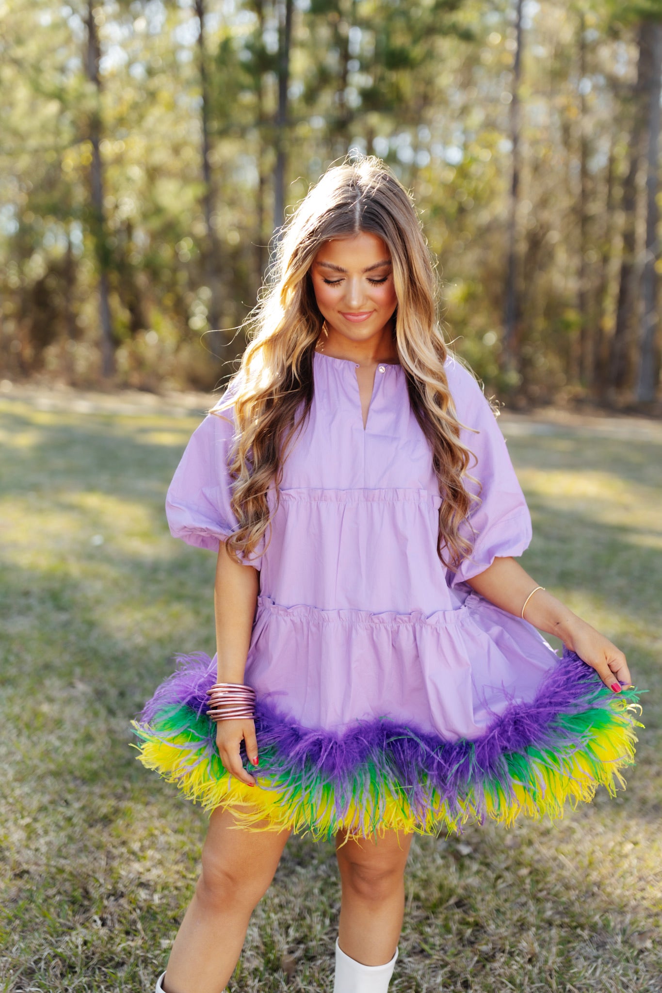 Queen of Sparkles Lavender Mardi Gras Feather Bottom Dress