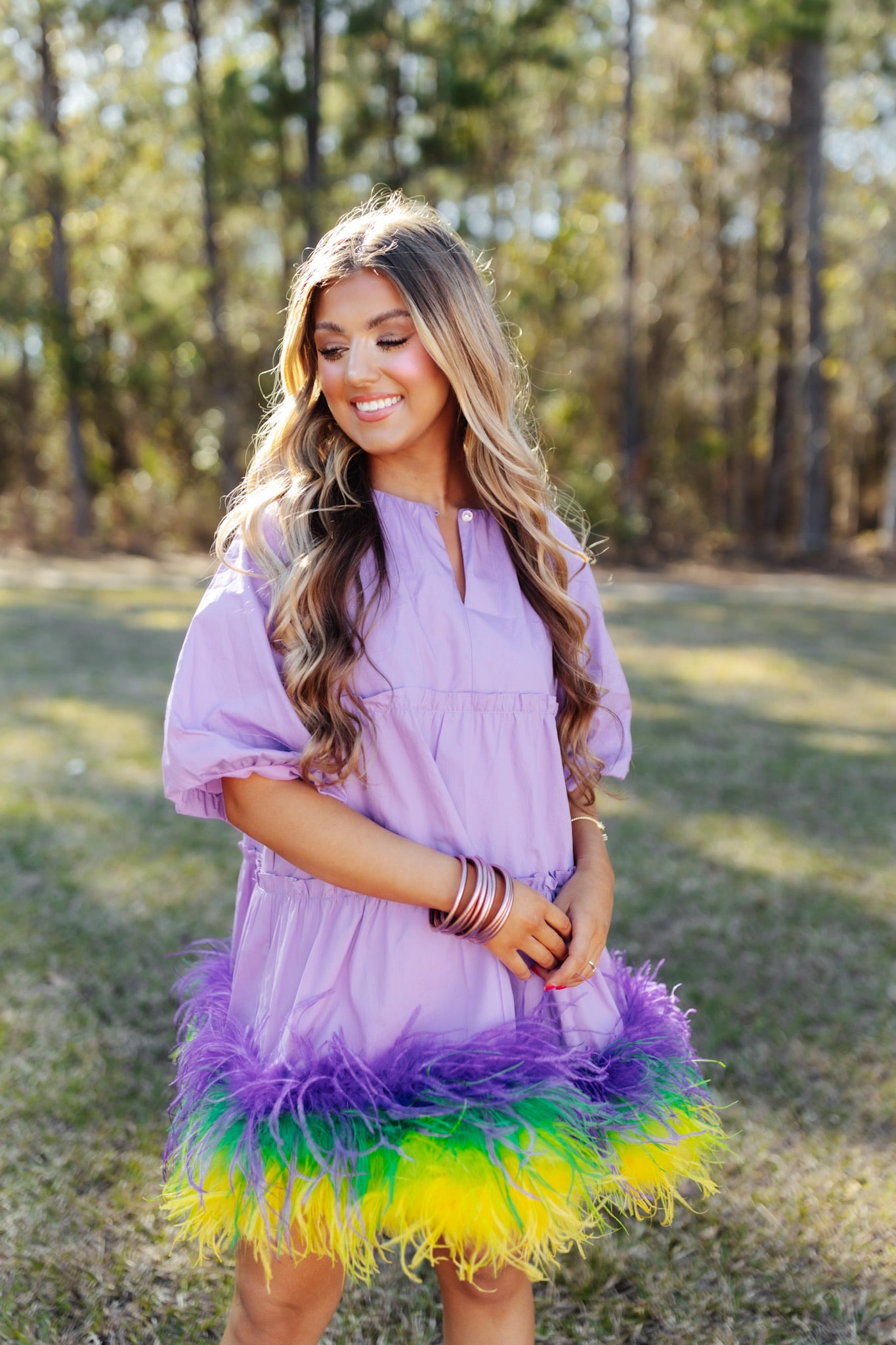 Queen of Sparkles Lavender Mardi Gras Feather Bottom Dress